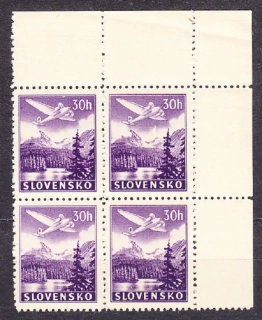 SLOVENSKÝ ŠTÁT 1939, Synek L1, ** čistý rohový 4-blok ( PH ) + DCH ZP 20. LETECKÉ. Prehnutie v okraji.