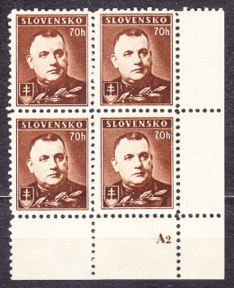 SLOVENSKÝ ŠTÁT 1939, Synek 44YzD, ** čistý rohový 4-blok ( PD ) + DCH ZP 179. JOZEF TISO. Priesvitka P1.