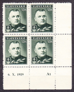 SLOVENSKÝ ŠTÁT 1939, Synek 43Yx, ** čistý rohový 4-blok ( PD ). JOZEF TISO. Priesvitka P2. Povolená perforácia medzi okrajmi.