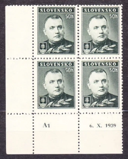 SLOVENSKÝ ŠTÁT 1939, Synek 43Yx, ** čistý rohový 4-blok ( ĽD ). JOZEF TISO. Priesvitka P1. Prehnutie v okraji.
