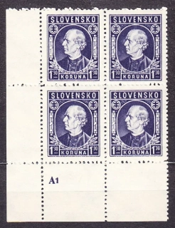 SLOVENSKÝ ŠTÁT 1942, Synek 33, ** čistý rohový 4-blok ( ĽD ) + DCH ZP 181. ANDREJ HLINKA III - SLOVENSKO. Priesvitka P2.