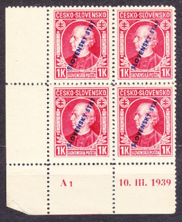 SLOVENSKÝ ŠTÁT 1939, Synek 24 A, ** čistý rohový 4-blok ( ĽD ) + DCH PPo 181. ANDREJ HLINKA - S PRETLAČOU. Poškodenie v dolnom okraji !