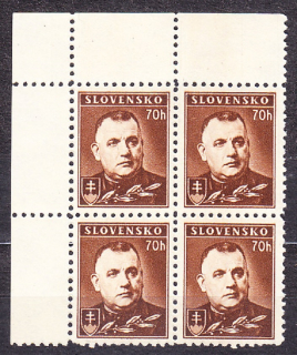 SLOVENSKÝ ŠTÁT 1939, Synek 44YzD, ** čistý rohový 4-blok ( ĽH ). JOZEF TISO. Priesvitka P2.