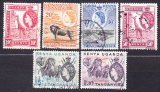 KEŇA / UGANDA / TANGANIKA 1954, Michel 93-96, 98, 101, razené. KOLÓNIE. KRÁĽOVNÁ ALŽBETA II. - KRAJINY, ZVIERATÁ.