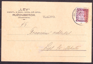 ČSR 1930, poštový lístok. KNÍHTLAČIARSKY A NAKLADATEĽSKÝ SPOLOK, " LEV " - RUŽOMBEROK.