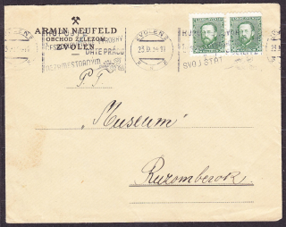 ČSR 1934, obálka. OBCHOD SO ŽELEZOM, ARMIN NEUFELD - ZVOLEN.