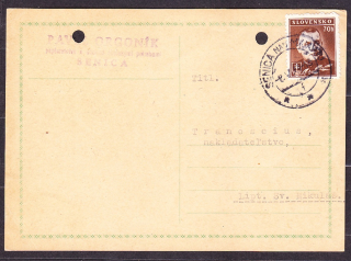 SLOVENSKÝ ŠTÁT 1944, poštový lístok. PAPIERNICTVO A OBCHOD SO ŠKOLSKÝMI POTREBAMI PAVEL ORGONÍK - SENICA.