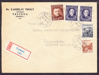 SLOVENSKÝ ŠTÁT 1943, doporučená obálka. ADVOKÁT, DR. LADISLAV THOLT - TRSTENÁ.