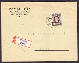 SLOVENSKÝ ŠTÁT 1939, doporučená obálka. OBCHOD S KOŽAMI A REMEŇAMI, PAVEL HÓZ - MALACKY.
