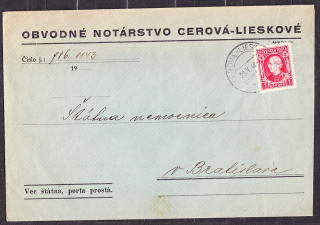 SLOVENSKÝ ŠTÁT 1940, obálka. OBVODNÉ NOTÁRSTVO - CEROVÁ-LIESKOVÉ.