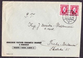 SLOVENSKÝ ŠTÁT 1939, obálka. NEMOCENSKÁ POISŤOVŇA SÚKROMNÝCH ÚRADNÍKOV A ZRIADENCOV - PREŠOV.