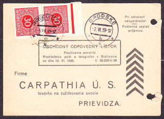 SLOVENSKÝ ŠTÁT 1939, obchodný odpovedný lístok. OBCHOD S MIEŠANÝM TOVAROM, FRANT. MELECHA - BRODSKÉ.