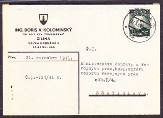 SLOVENSKÝ ŠTÁT 1941, poštový lístok. ZEMEMERAČ, ING. BORIS V. KOLOMINSKÝ - ŽILINA.