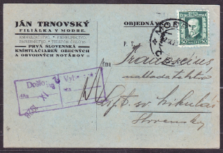 ČSR 1928, poštový lístok. KNÍHIAZAČSTVO, KNÍHKUPECTVO A PAPIERNICTVO, JÁN TRNOVSKÝ - FILIÁLKA MODRA.