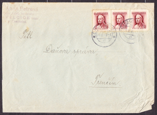 SLOVENSKÝ ŠTÁT 1940, obálka. OBCHOD S MIEŠANÝM TOVAROM, ANNA PETROVÁ - VELČICE, POŠTA CHOCHOLNÁ, OKRES TRENČÍN.