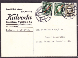 SLOVENSKÝ ŠTÁT 1939, poštový lístok. KRAJČÍRSKY ZÁVOD KALVODA - BRATISLAVA.