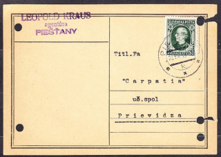 SLOVENSKÝ ŠTÁT 1939, poštový lístok. AGENTÚRA, LEOPOLD KRAUS - PIEŠŤANY.