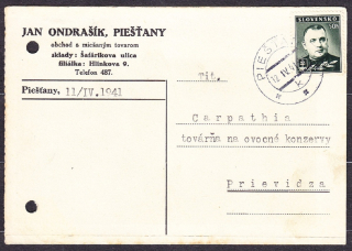 SLOVENSKÝ ŠTÁT 1941, poštový lístok. OBCHOD S MIEŠANÝM TOVAROM, JAN ONDRAŠÍK - PIEŠŤANY.