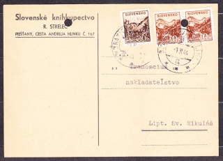 SLOVENSKÝ ŠTÁT 1944, poštový lístok. SLOVENSKÉ KNÍHKUPECTVO, R. STRELEC - PIEŠŤANY. VLAKOVÁ POŠTA !