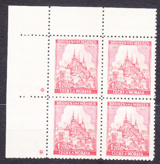 PROTEKTORÁT 1941, Pofis 57, ** čistý rohový 4-blok ( ĽH ) - široký okraj. KRAJINY, HRADY, MESTÁ - PRAHA.