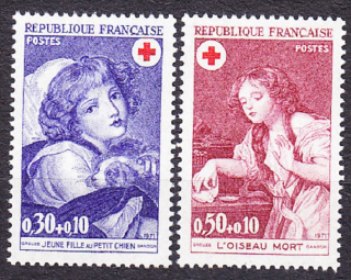 FRANCÚZSKO 1971, Michel 1777-1778, ** čistá séria. ČERVENÝ KRÍŽ - MAĽBY, JEAN GREUZE.
