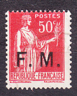 FRANCÚZSKO 1933, Michel 7, razená séria. VOJENSKÉ - POĽNÁ POŠTA. SYMBOL MIERU - PRETLAČ.
