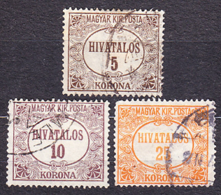 MAĎARSKO 1922, Michel 15-16, 18, razené. SLUŽOBNÉ. ČÍSLICE.