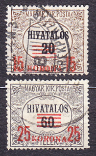 MAĎARSKO 1922, Michel 9-10, razená séria. SLUŽOBNÉ. ČÍSLICE - PRETLAČE.