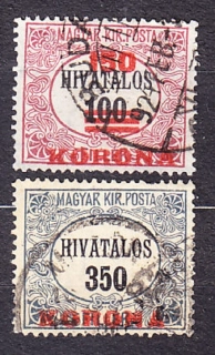 MAĎARSKO 1923, Michel 19-20, razené. SLUŽOBNÉ. ČÍSLICE - PRETLAČE.