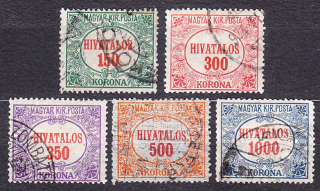 MAĎARSKO 1923, Michel 22-25, 27, razené. SLUŽOBNÉ. ČÍSLICE.