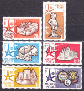 MAĎARSKO 1958, Michel 1519-1524, razené. SVETOVÁ VÝSTAVA EXPO V BRUSELI.
