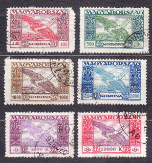 MAĎARSKO 1924, Michel 383-388, razená séria. LETECKÉ - IKARUS. V prvej opotrebenie !