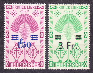 MADAGASCAR 1944, Michel 378, 380, ** čisté. KOLÓNIE. PÚTNICKA PALMA - PRETLAČE.