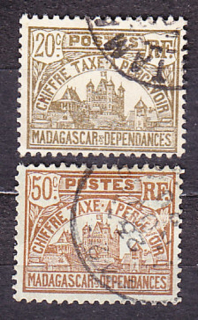 MADAGASCAR 1908, Michel 12, 14, razené. KOLÓNIE. DOPLATNÉ. VLÁDNA BUDOVA.