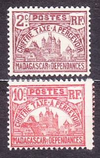 MADAGASCAR 1908, Michel 8, 11, ** čisté. KOLÓNIE. DOPLATNÉ. VLÁDNA BUDOVA.
