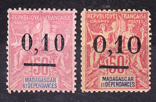 MADAGASCAR 1902, Michel 54 I + II, * čisté. KOLÓNIE. ALEGÓRIA, PRETLAČE.