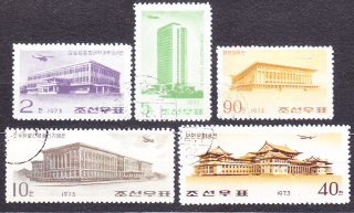 SEVERNÁ KÓREA 1973, Michel 1216-1220, razená séria. BUDOVY, LIETADLÁ.