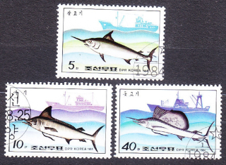 SEVERNÁ KÓREA 1984, Michel 2486-2488, razená séria. RYBY A RYBÁRSKE LODE.