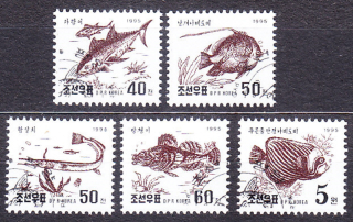 SEVERNÁ KÓREA 1995, Michel 3765-3769, razená séria. RYBY.