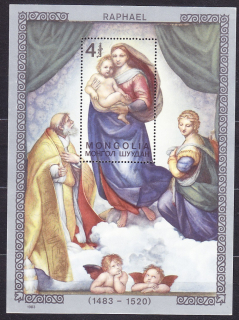 MONGOLSKO 1983, Michel Block 96, ** čistý hárček. MAĽBY - RAFFAEL, MADONNA.