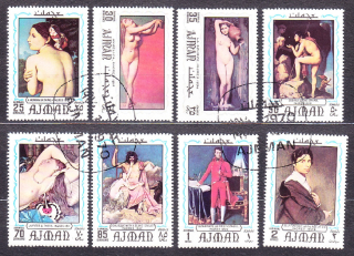 AJMAN 1970, Michel 629-636, razená séria. MAĽBY - J. A. INGRES, AKTY.