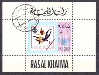 RAS AL KHAIMA 1970, Michel 488 A, razený hárček. ZNÁMKA NA ZNÁMKE - FUTBAL.