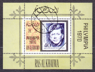 RAS AL KHAIMA 1970, Michel Block W 95 A, razený hárček. ZNÁMKA NA ZNÁMKE - J. F. KENNEDY.