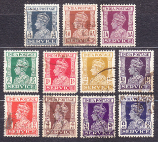 INDIA 1939, Michel 102-112, razená séria. KOLÓNIE. SLUŽOBNÉ. KRÁĽ GEORGE VI.