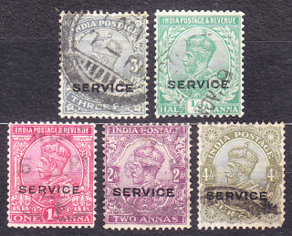 INDIA 1912, Michel 51-55, razené. KOLÓNIE. SLUŽOBNÉ. KRÁĽ GEORGE V.
