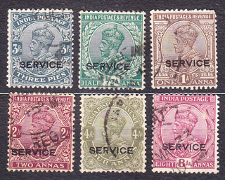 INDIA 1926, Michel 75-80, razené. KOLÓNIE. SLUŽOBNÉ. KRÁĽ GEORGE V.