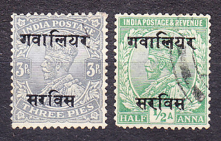 GWALIOR 1913, Michel 21-22, razené. KOLÓNIE. SLUŽOBNÉ. KRÁĽ GEROGE V.