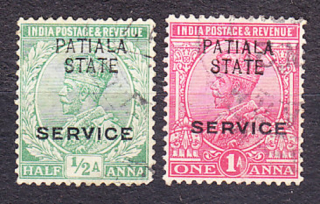PATIALA 1912, Michel 30-31, razené. KOLÓNIE. SLUŽOBNÉ. KRÁĽ GEORGE V.