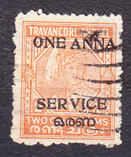TRAVANCORE - COCHIN 1949, Michel 10, razená. KOLÓNIE. SLUŽOBNÉ. PANOVNÍK - PRETLAČ.