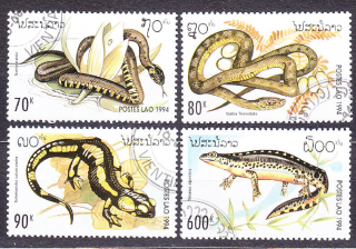 LAOS 1994, Michel 1414-1417, razené. HADY A OBOJŽIVELNÍKY.